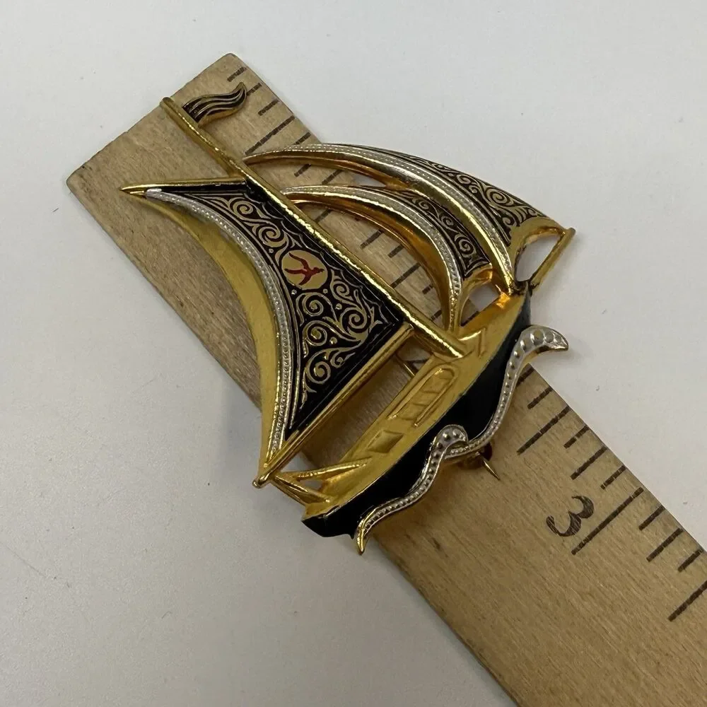 Vintage Spanish Damascene Sailboat Brooch